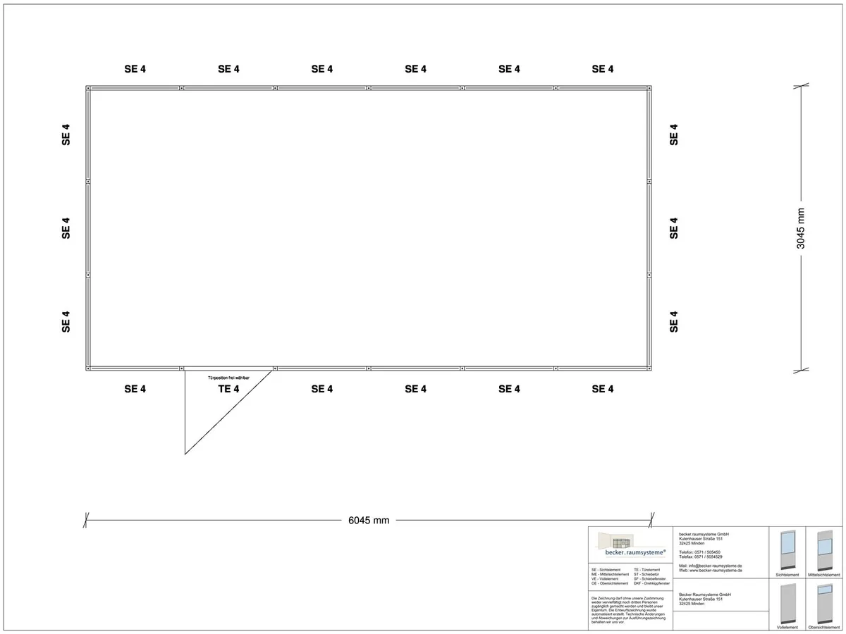 Zeichnung für Hallenbüro 4-seitig 6,00 x 3,00 m System RS 45 von Becker Raumsysteme - Artikel HB4-6030