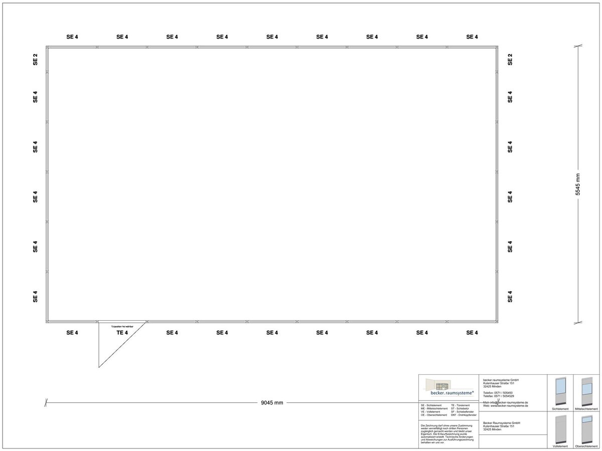 Zeichnung für Hallenbüro 4-seitig 9,00 x 5,50 m System RS 45 von Becker Raumsysteme - Artikel HB4-9055