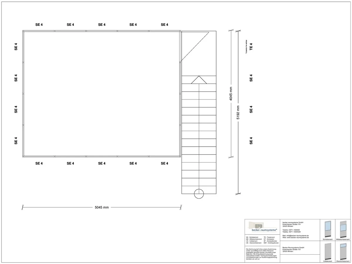 Zeichnung für Hallenbüro auf Stahlbau 4-seitig 5,00 x 4,00 m System RS 45 von Becker Raumsysteme - Artikel HS4-5040