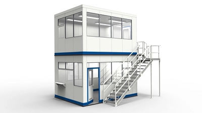 Hallenbüro Doppelstock aus dem System RS45 Hallenbüro Doppelstock aus vorgefertigten Bauteilen für Industrielösungen