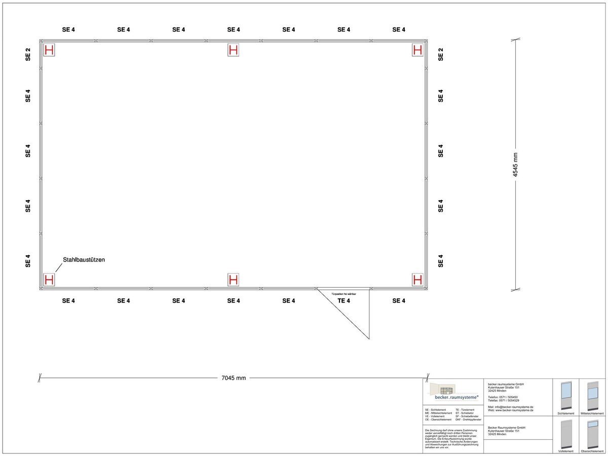 Zeichnung für Hallenbüro als Doppelstock 4-seitig 7,00 x 4,50 m System RS 45 von Becker Raumsysteme - Artikel HD4-7045