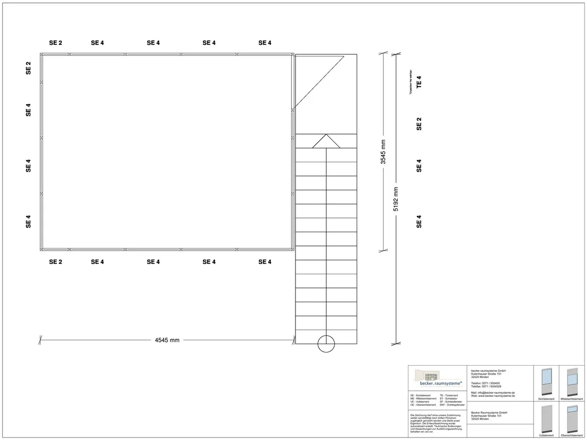 Zeichnung für Hallenbüro als Doppelstock 4-seitig 4,50 x 3,50 m System RS 45 von Becker Raumsysteme - Artikel HD4-4535