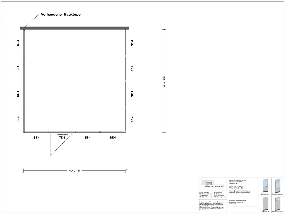Zeichnung für Hallenbüro 3-seitig 4,00 x 4,00 m System RS 45 von Becker Raumsysteme - Artikel HB3-4040