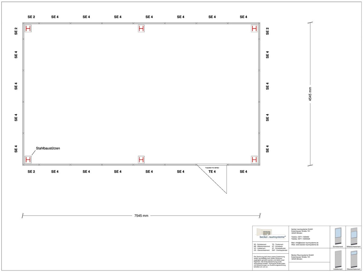 Zeichnung für Hallenbüro als Doppelstock 4-seitig 7,50 x 4,50 m System RS 45 von Becker Raumsysteme - Artikel HD4-7545