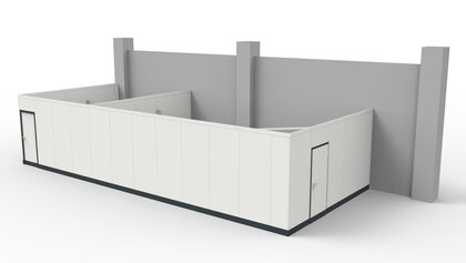 3-Seitige Stellwand mit rückseitigem Anschluss an die Halle 3-Seitige Stellwand mit rückseitigem Anschluss an die Hallenwand ohne Deckenkonstruktion