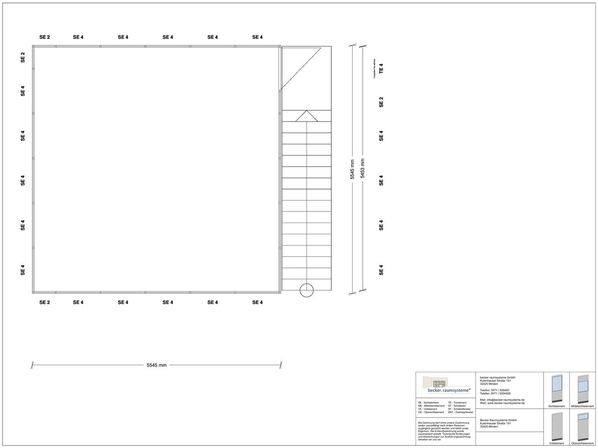 Zeichnung für Hallenbüro als Doppelstock 4-seitig 5,50 x 5,50 m System RS 45 von Becker Raumsysteme - Artikel HD4-5555