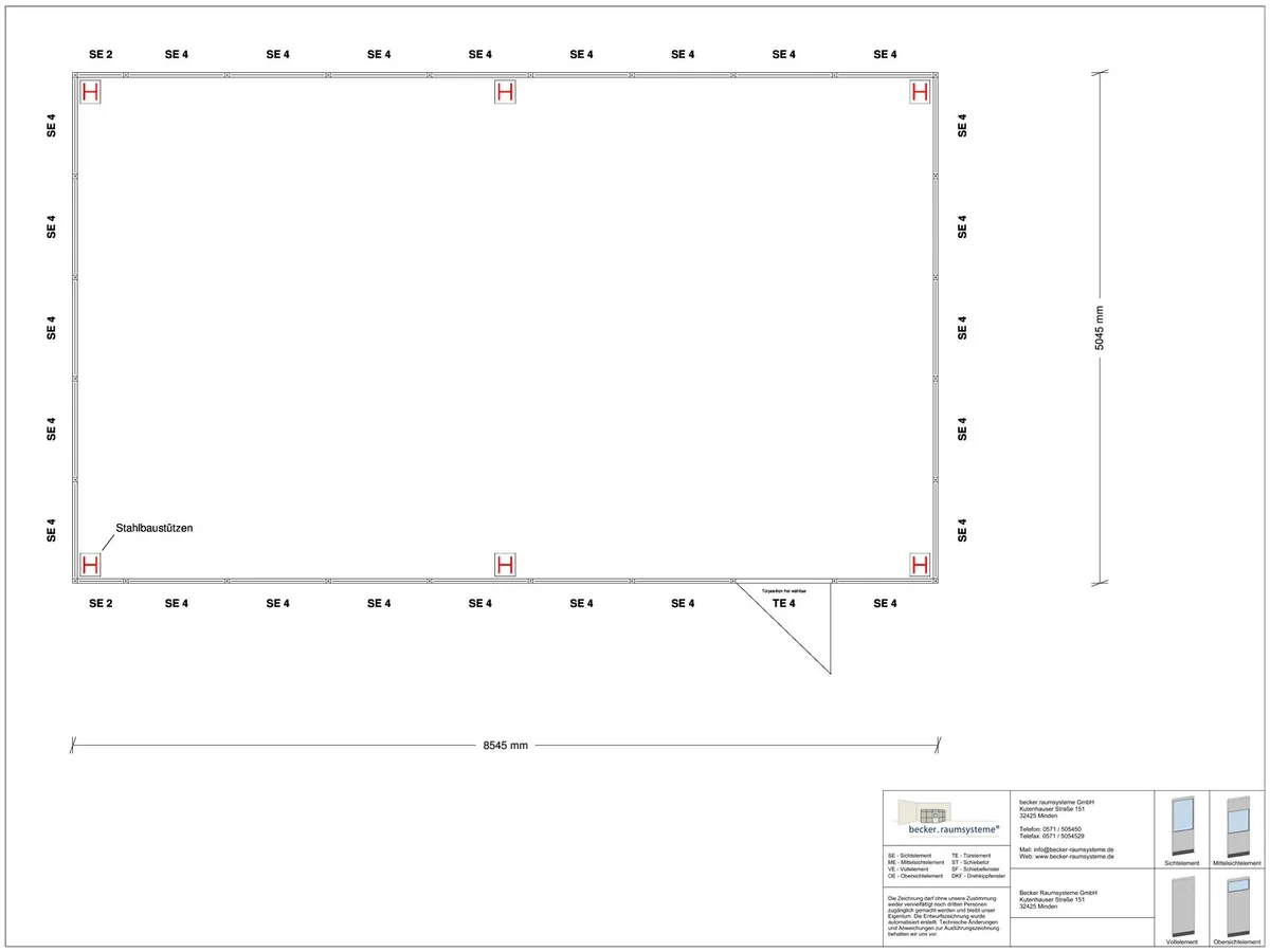 Zeichnung für Hallenbüro als Doppelstock 4-seitig 8,50 x 5,00 m System RS 45 von Becker Raumsysteme - Artikel HD4-8550
