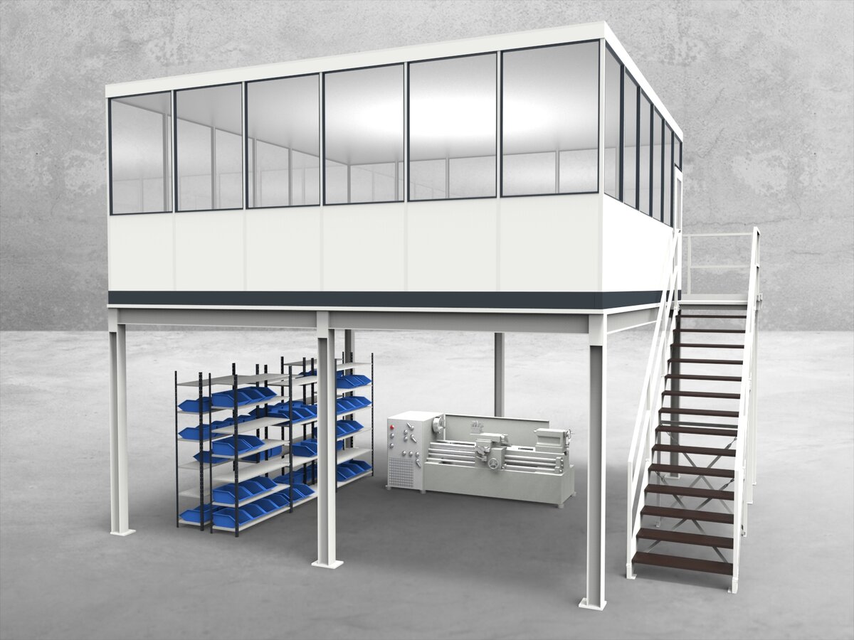 Aussenansicht für Hallenbüro auf Stahlbau 4-seitig 6,00 x 6,00 m System RS 45 von Becker Raumsysteme - Artikel HS4-6060