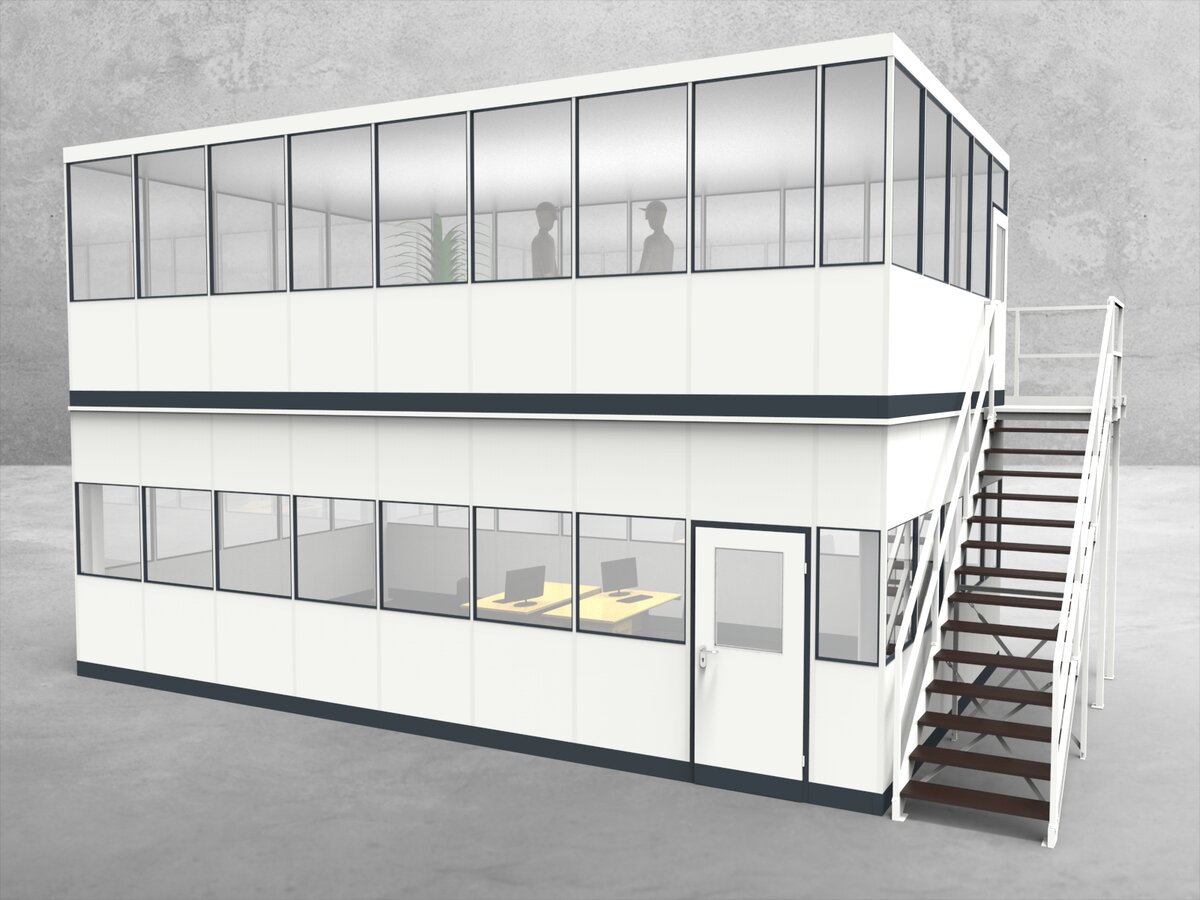 Aussenansicht für Hallenbüro als Doppelstock 4-seitig 8,50 x 5,00 m System RS 45 von Becker Raumsysteme - Artikel HD4-8550