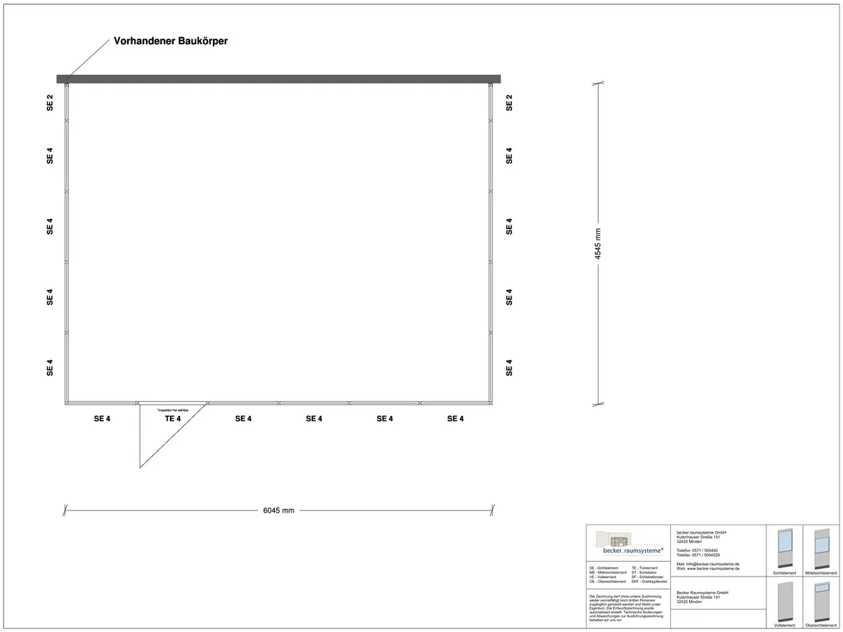 Zeichnung für Hallenbüro 3-seitig 6,00 x 4,50 m System RS 45 von Becker Raumsysteme - Artikel HB3-6045