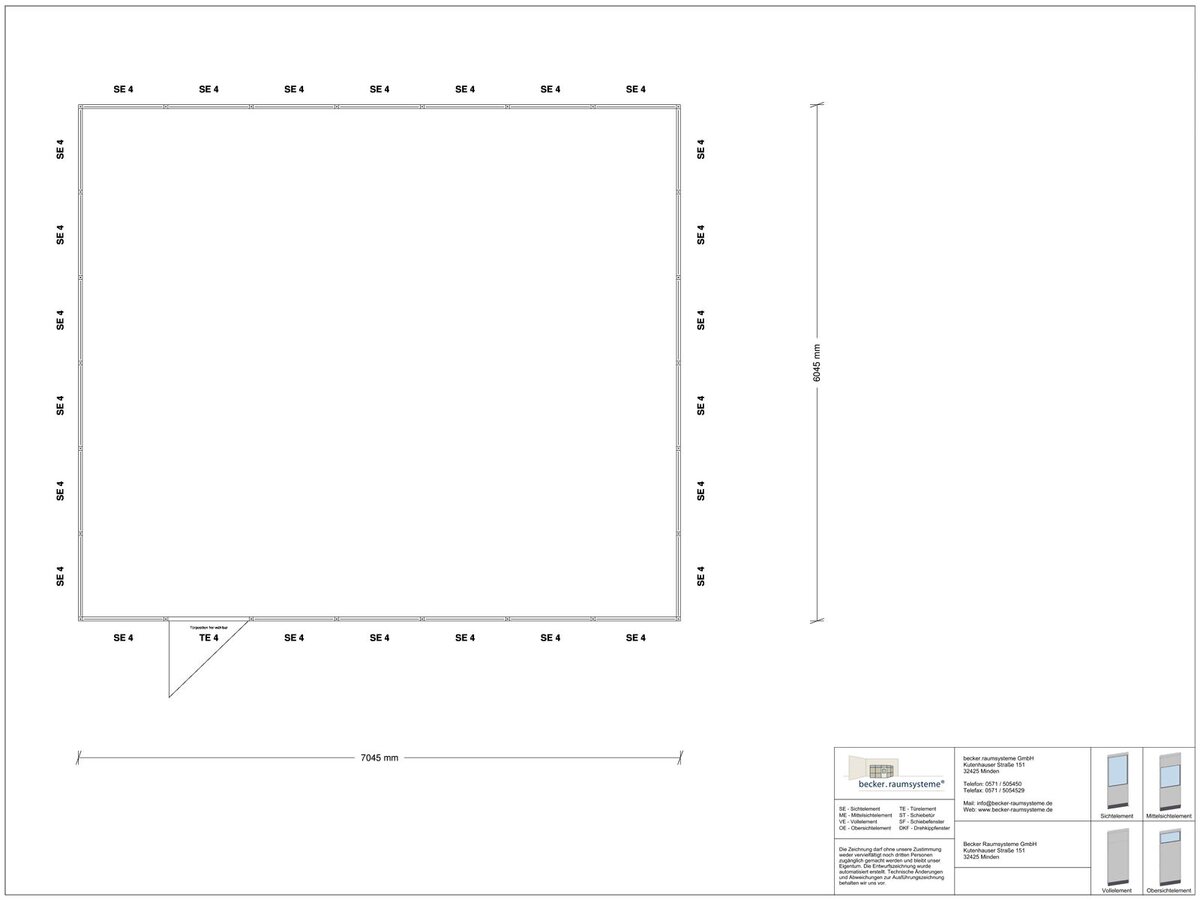 Zeichnung für Hallenbüro 4-seitig 7,00 x 6,00 m System RS 45 von Becker Raumsysteme - Artikel HB4-7060