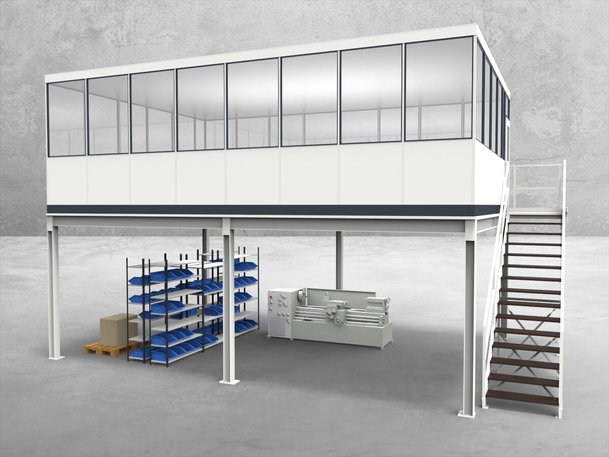 Aussenansicht für Hallenbüro auf Stahlbau 4-seitig 8,00 x 5,50 m System RS 45 von Becker Raumsysteme - Artikel HS4-8055