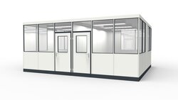 Hallenbüro, Betriebsbüro aus vorgefertigten Bauteilen Hallenbüro, Betriebsbüro für die Industrie aus modularen Bauteilen in einer Lagerhalle