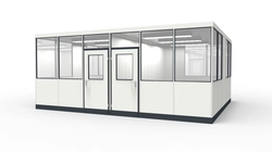 Hallenbüro, Betriebsbüro aus vorgefertigten Bauteilen Hallenbüro, Betriebsbüro für die Industrie aus modularen Bauteilen in einer Lagerhalle