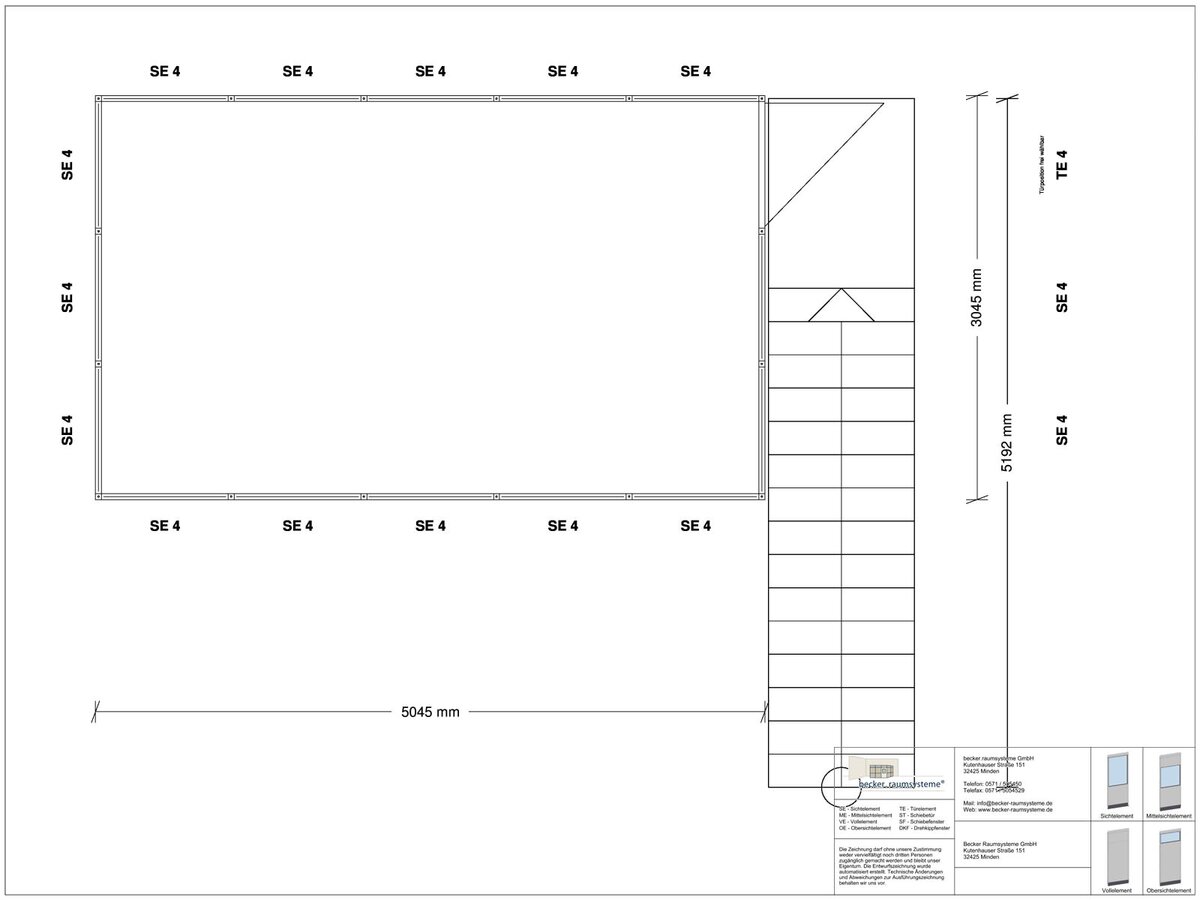 Zeichnung für Hallenbüro als Doppelstock 4-seitig 5,00 x 3,00 m System RS 45 von Becker Raumsysteme - Artikel HD4-5030