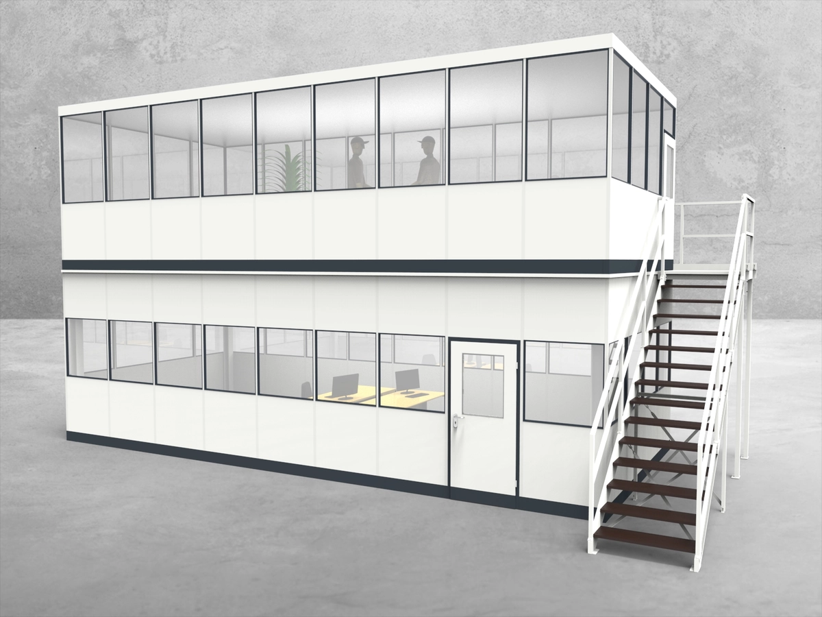 Aussenansicht für Hallenbüro als Doppelstock 4-seitig 9,00 x 4,00 m System RS 45 von Becker Raumsysteme - Artikel HD4-9040