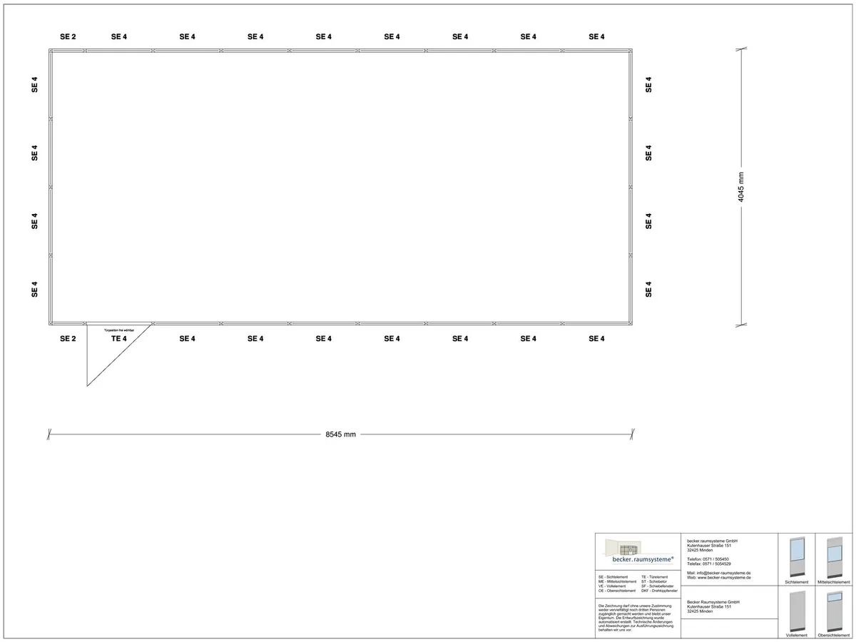 Zeichnung für Stellwand 4-seitig 8,50 x 4,00 m System RS 45 von Becker Raumsysteme - Artikel SW4-8540