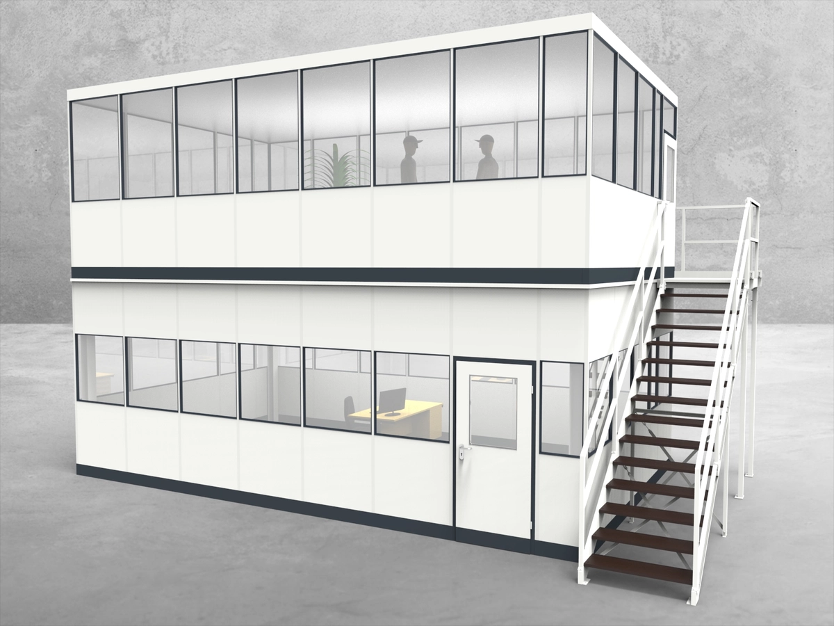 Aussenansicht für Hallenbüro als Doppelstock 4-seitig 7,50 x 4,50 m System RS 45 von Becker Raumsysteme - Artikel HD4-7545