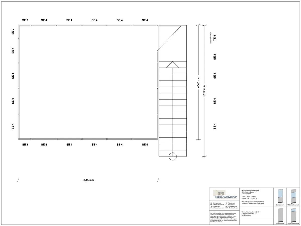 Zeichnung für Hallenbüro als Doppelstock 4-seitig 5,00 x 3,50 m System RS 45 von Becker Raumsysteme - Artikel HD4-5035