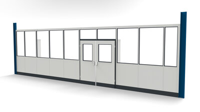 Stellwand aus Sichtelementen mit doppeltem Türelement Stellwand aus Sichtelementen mit doppeltem Türelement zwischen 2 Stahlprofilen