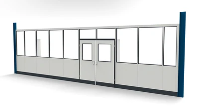 Stellwand aus Sichtelementen mit doppeltem Türelement Stellwand aus Sichtelementen mit doppeltem Türelement zwischen 2 Stahlprofilen