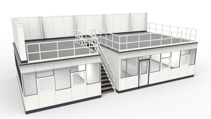 Hallenbüro unter Bühne für die Industrie Hallenbüro unter Bühne in Industriehalle als Abtrennungen vom Produktionsprozess