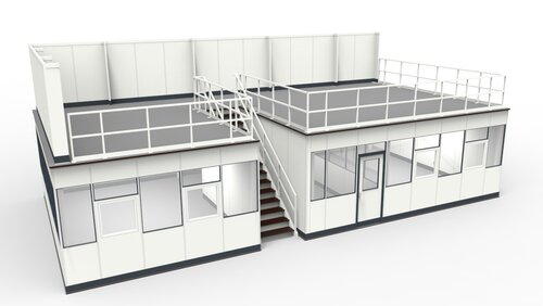 Hallenbüro unter Bühne für die Industrie Hallenbüro unter Bühne in Industriehalle als Abtrennungen vom Produktionsprozess