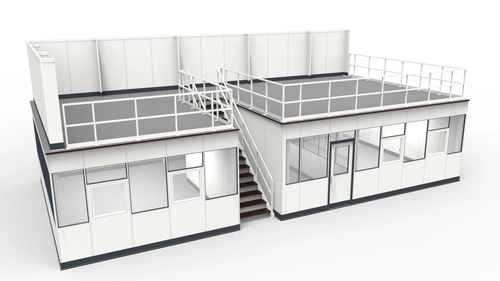 Hallenbüro unter Bühne für die Industrie Hallenbüro unter Bühne in Industriehalle als Abtrennungen vom Produktionsprozess