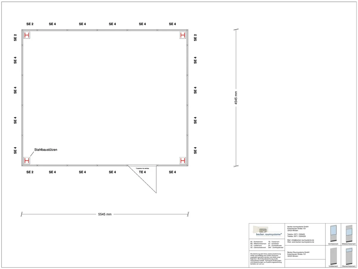 Zeichnung für Hallenbüro als Doppelstock 4-seitig 5,50 x 4,50 m System RS 45 von Becker Raumsysteme - Artikel HD4-5545