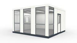 Hallenbüro, Raumzelle aus dem System RS45 Hallenbüro, Raumzelle für die Industrie aus modularen Bauteilen in einer Lagerhalle
