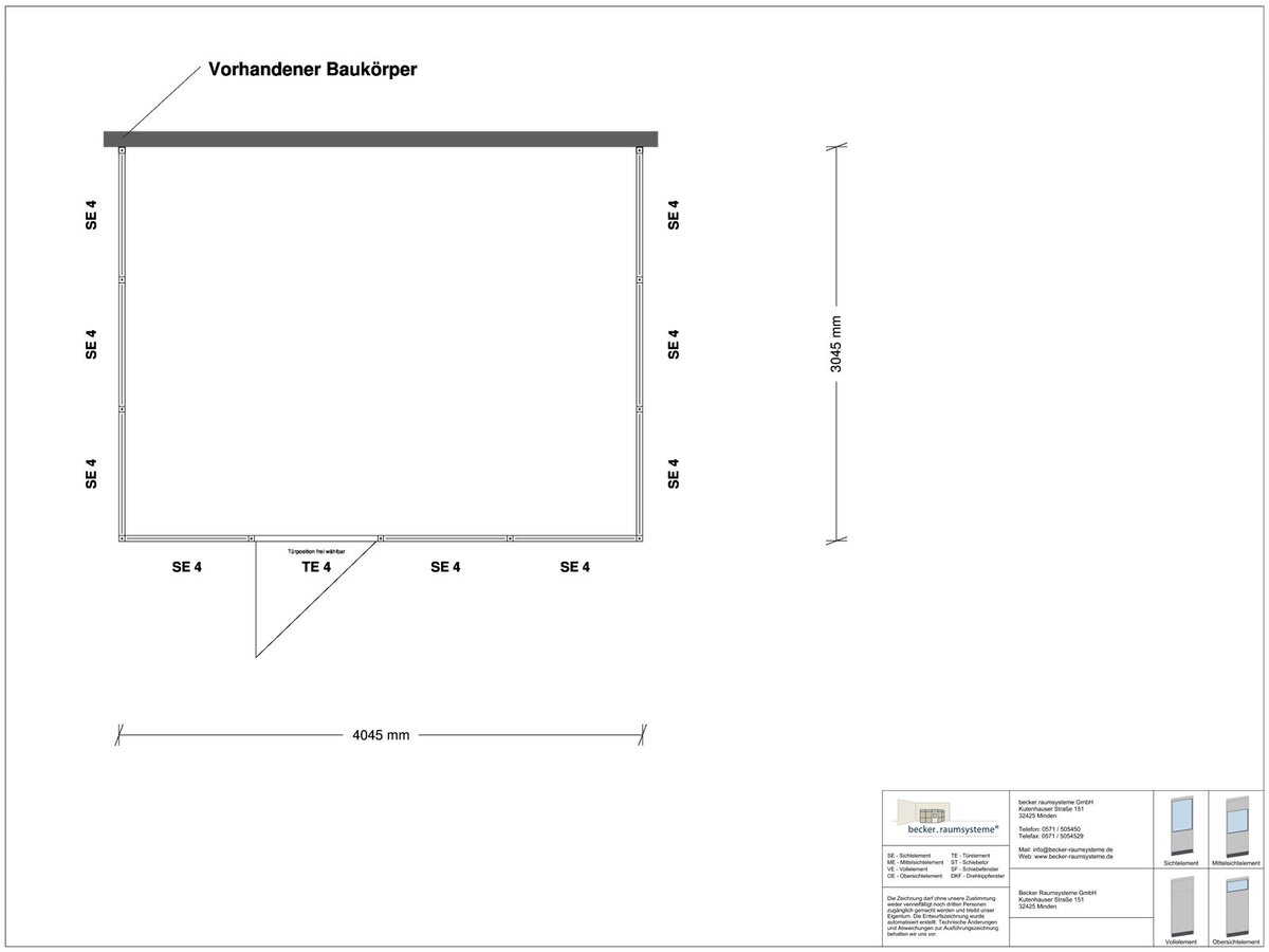Zeichnung für Hallenbüro 3-seitig 4,00 x 3,00 m System RS 45 von Becker Raumsysteme - Artikel HB3-4030