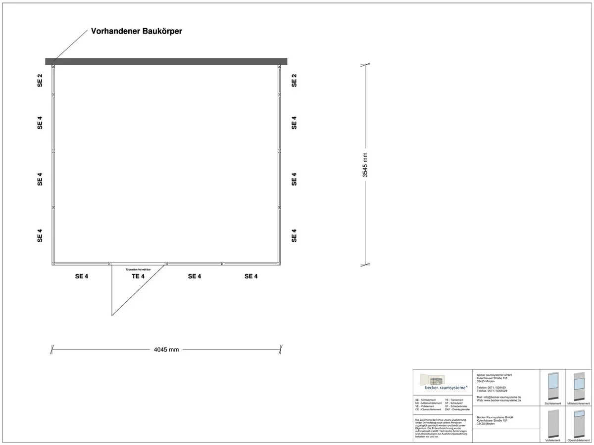 Zeichnung für Hallenbüro 3-seitig 4,00 x 3,50 m System RS 45 von Becker Raumsysteme - Artikel HB3-4035