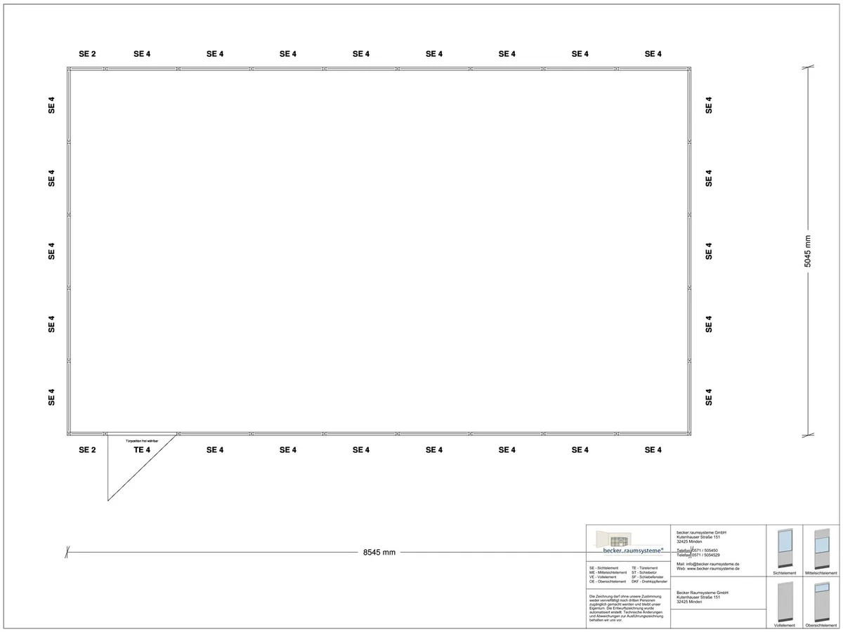 Zeichnung für Hallenbüro 4-seitig 8,50 x 5,00 m System RS 45 von Becker Raumsysteme - Artikel HB4-8550