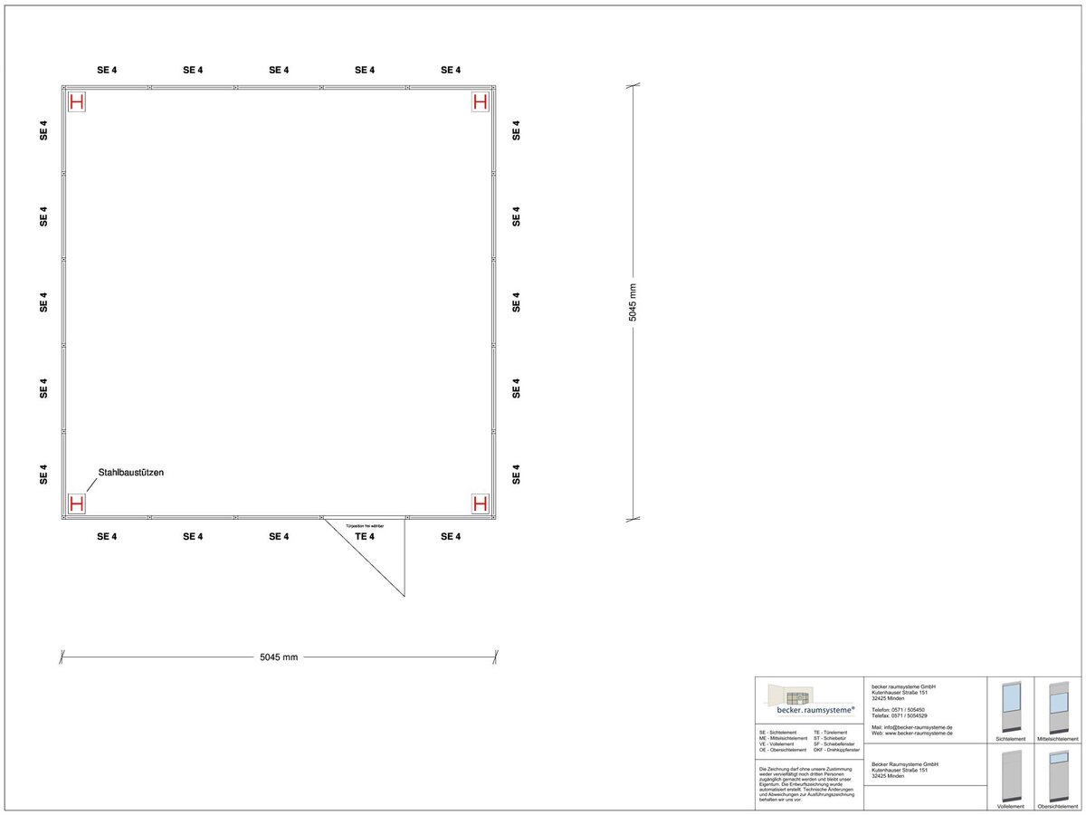 Zeichnung für Hallenbüro als Doppelstock 4-seitig 5,00 x 5,00 m System RS 45 von Becker Raumsysteme - Artikel HD4-5050