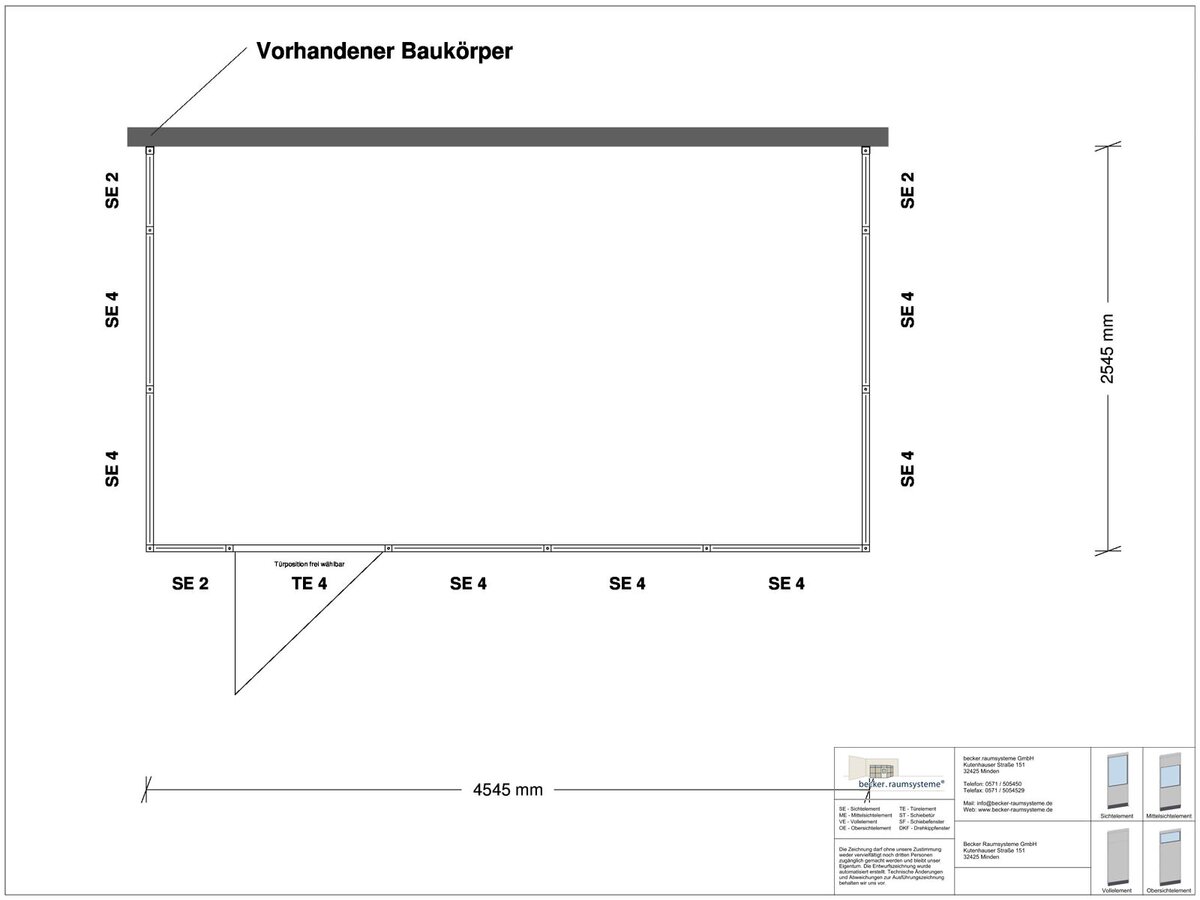 Zeichnung für Hallenbüro 3-seitig 4,50 x 2,50 m System RS 45 von Becker Raumsysteme - Artikel HB3-4525