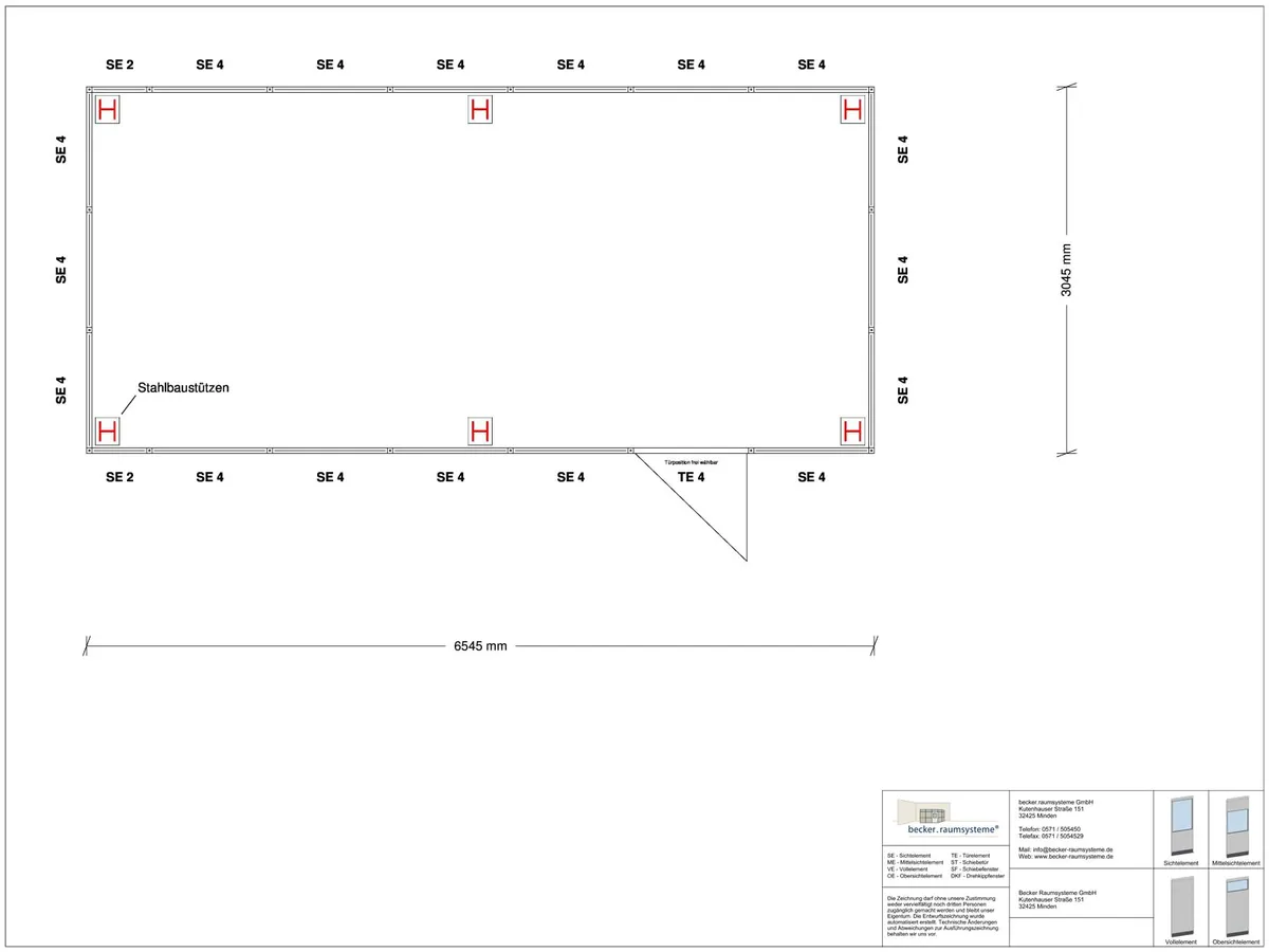 Zeichnung für Hallenbüro als Doppelstock 4-seitig 6,50 x 3,00 m System RS 45 von Becker Raumsysteme - Artikel HD4-6530