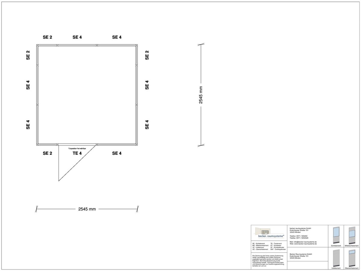 Zeichnung für Hallenbüro 4-seitig 2,50 x 2,50 m System RS 45 von Becker Raumsysteme - Artikel HB4-2525