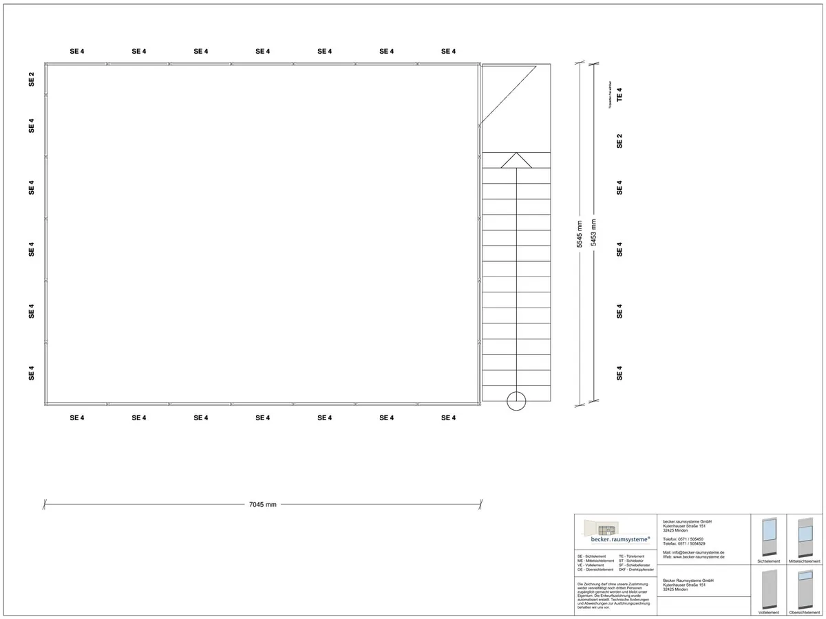 Zeichnung für Hallenbüro als Doppelstock 4-seitig 7,00 x 5,50 m System RS 45 von Becker Raumsysteme - Artikel HD4-7055