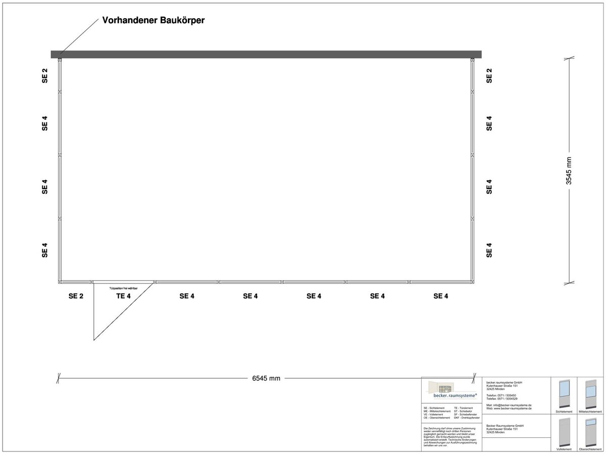 Zeichnung für Hallenbüro 3-seitig 6,50 x 3,50 m System RS 45 von Becker Raumsysteme - Artikel HB3-6535