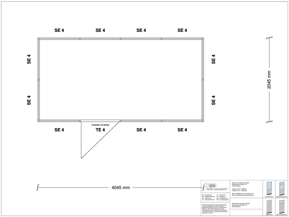 Zeichnung für Hallenbüro 4-seitig 4,00 x 2,00 m System RS 45 von Becker Raumsysteme - Artikel HB4-4020