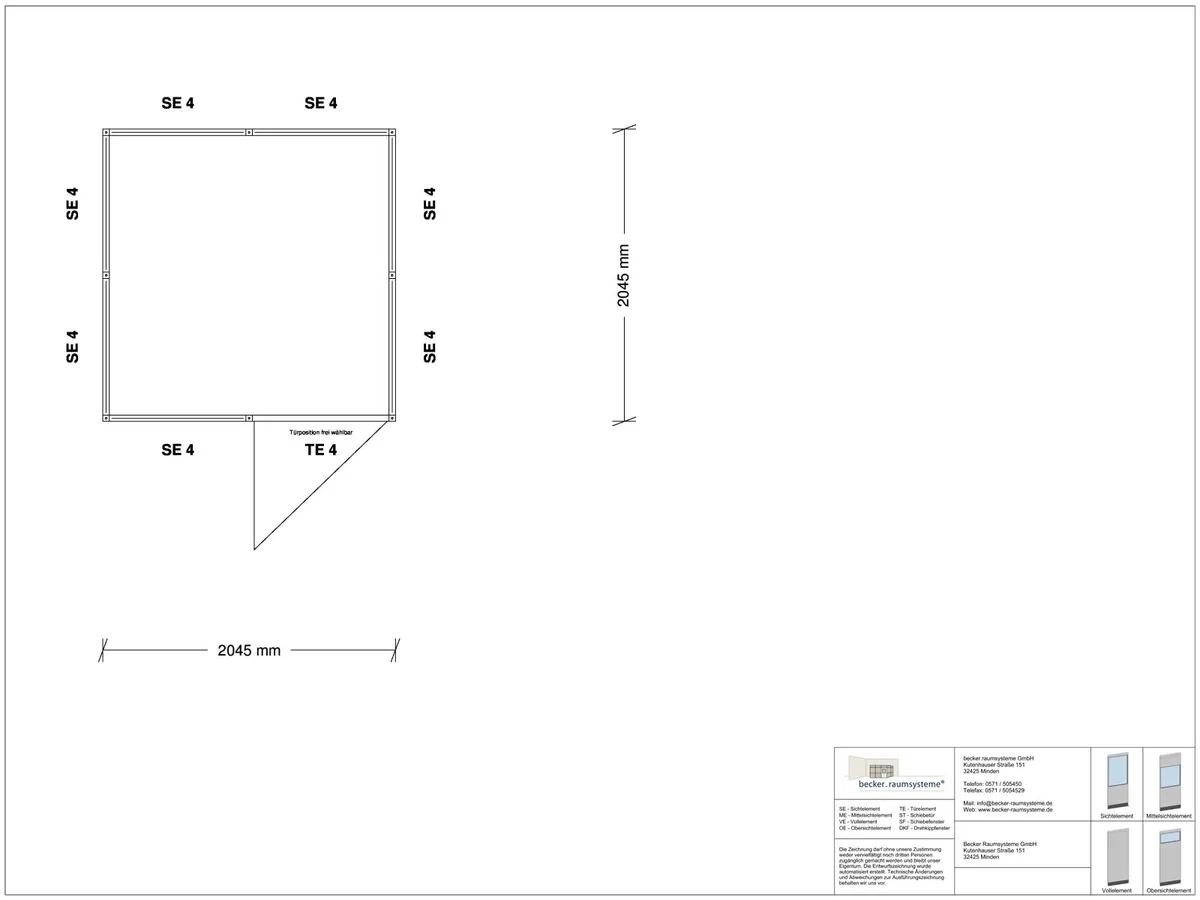 Zeichnung für Stellwand 4-seitig 2,00 x 2,00 m System RS 45 von Becker Raumsysteme - Artikel SW4-2020