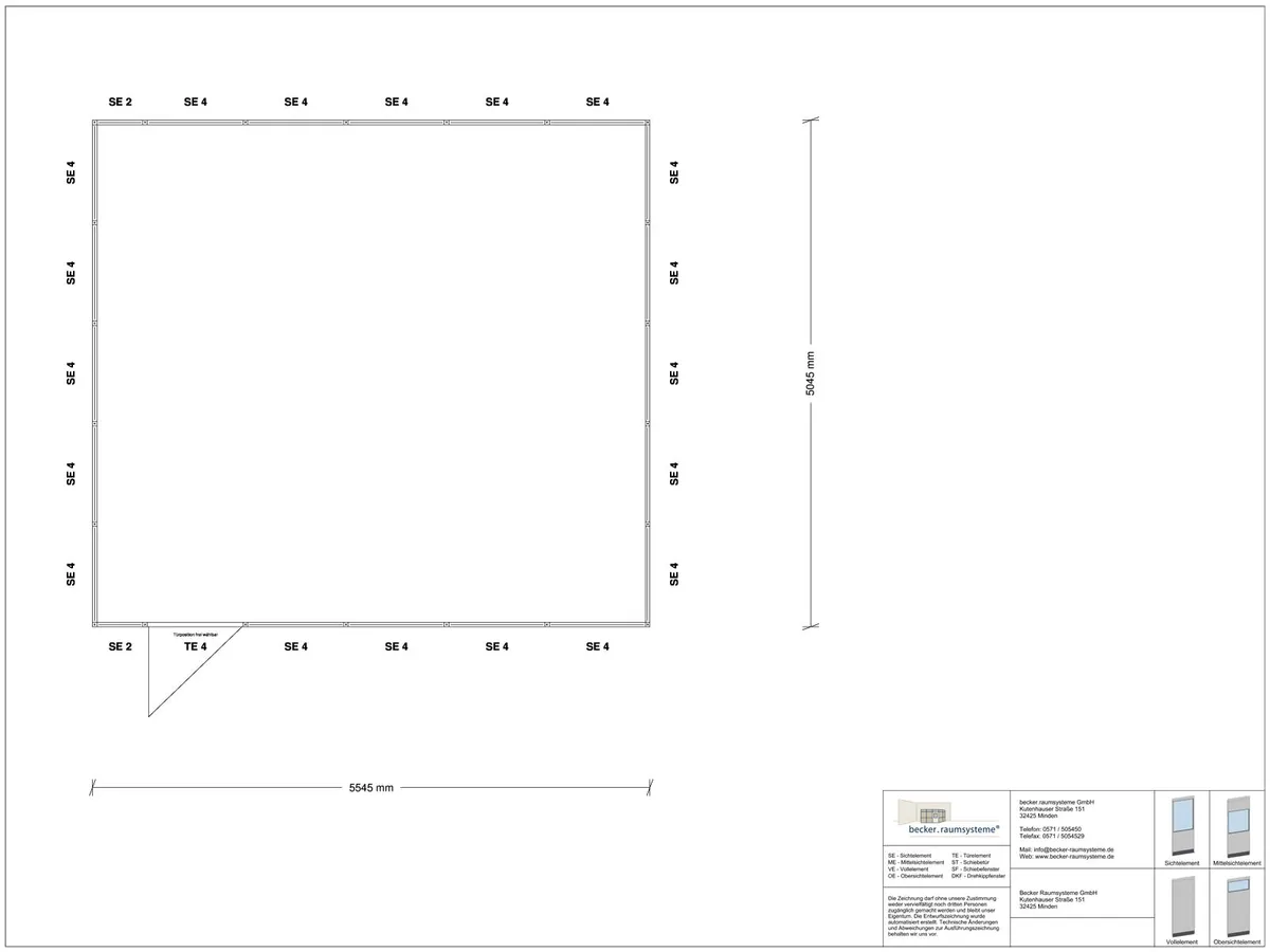 Zeichnung für Hallenbüro 4-seitig 5,50 x 5,00 m System RS 45 von Becker Raumsysteme - Artikel HB4-5550