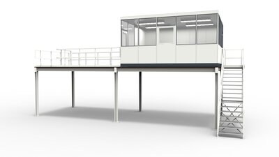 Hallenbüro auf Bühne für die Industrie Hallenbüro auf Bühne in Produktionshalle oder Fabrik zur Unterteilung der einzelnen Bereiche