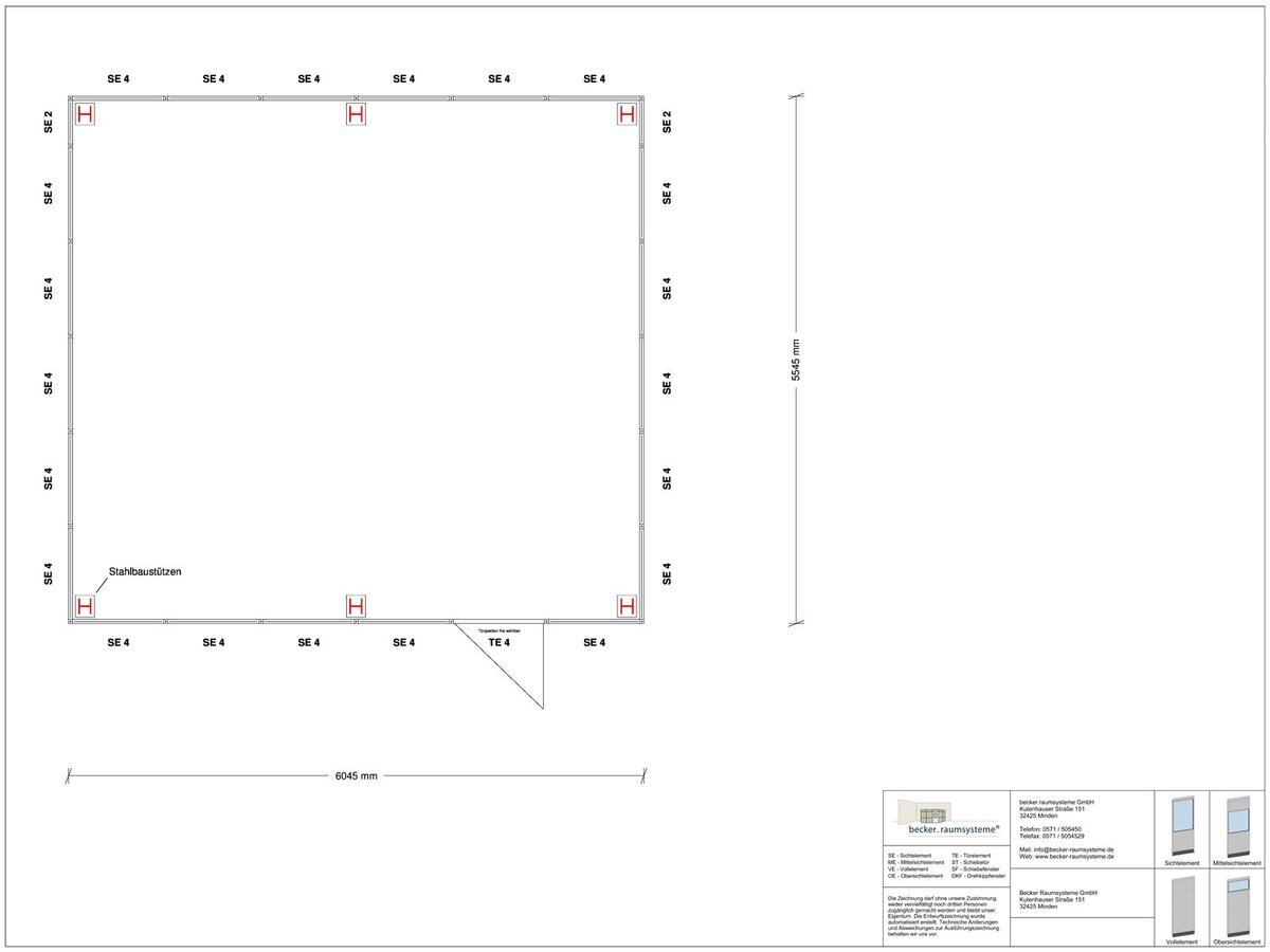 Zeichnung für Hallenbüro als Doppelstock 4-seitig 6,00 x 5,50 m System RS 45 von Becker Raumsysteme - Artikel HD4-6055