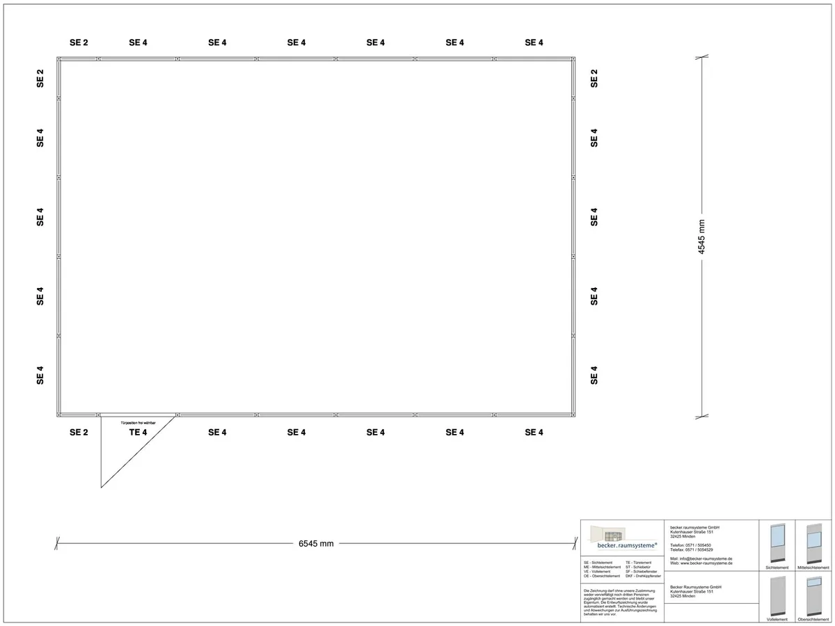 Zeichnung für Stellwand 4-seitig 6,50 x 4,50 m System RS 45 von Becker Raumsysteme - Artikel SW4-6545