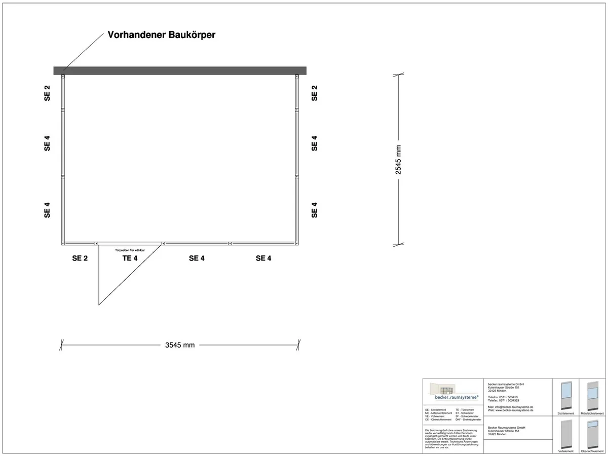 Zeichnung für Hallenbüro 3-seitig 3,50 x 2,50 m System RS 45 von Becker Raumsysteme - Artikel HB3-3525