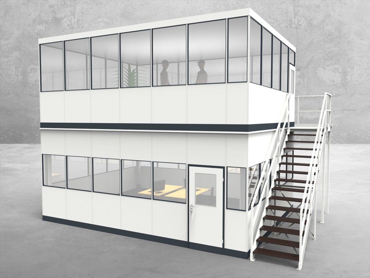 Aussenansicht für Hallenbüro als Doppelstock 4-seitig 6,50 x 5,00 m System RS 45 von Becker Raumsysteme - Artikel HD4-6550