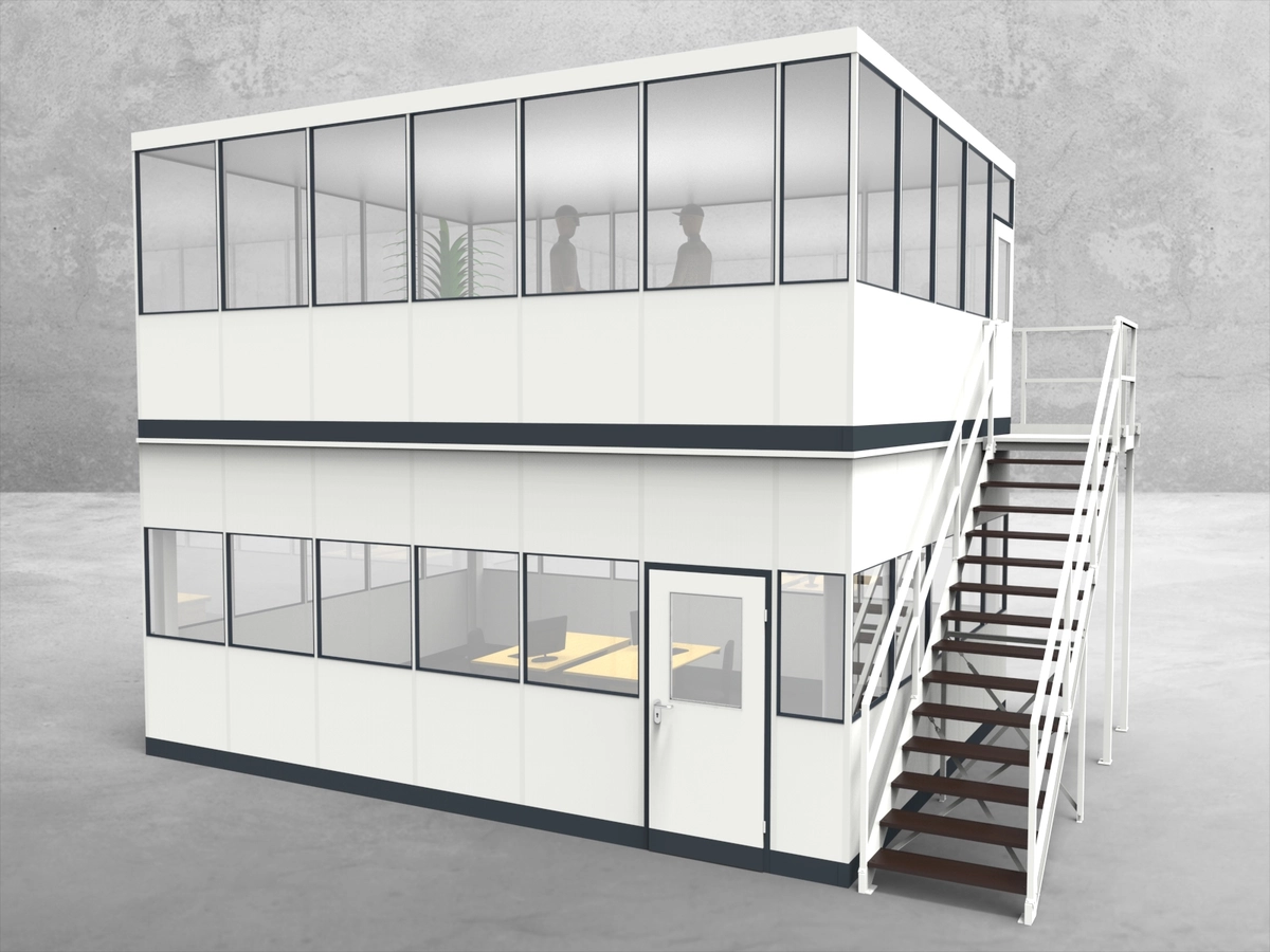 Aussenansicht für Hallenbüro als Doppelstock 4-seitig 6,50 x 5,00 m System RS 45 von Becker Raumsysteme - Artikel HD4-6550