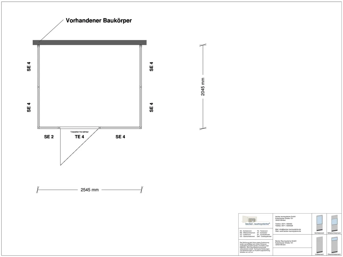 Zeichnung für Hallenbüro 3-seitig 2,50 x 2,00 m System RS 45 von Becker Raumsysteme - Artikel HB3-2520