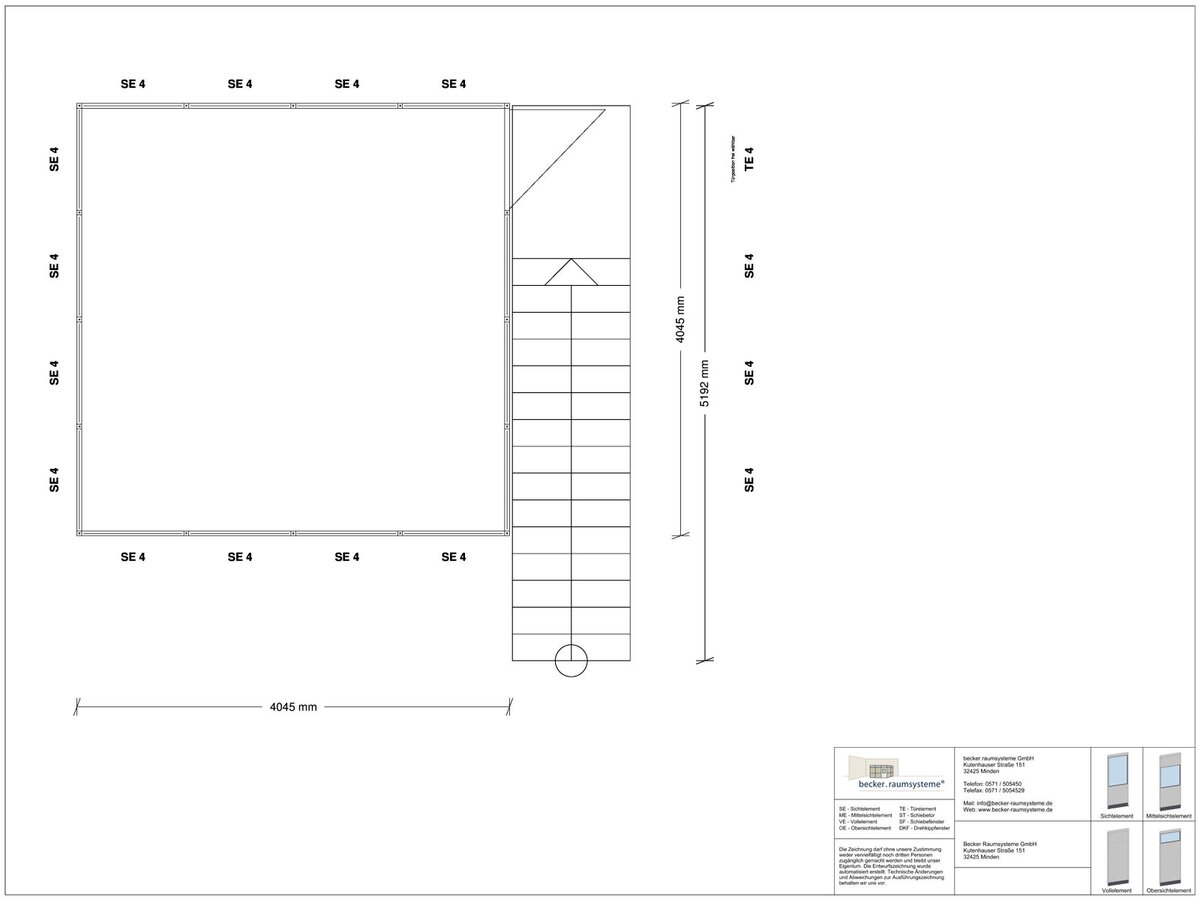 Zeichnung für Hallenbüro auf Stahlbau 4-seitig 4,00 x 4,00 m System RS 45 von Becker Raumsysteme - Artikel HS4-4040
